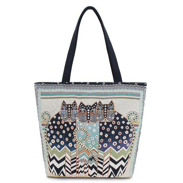 Vintage Embroidery Cats Tote Bag